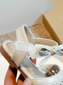 1 Pair Girl's Simple Minimalist Flat Sandals With PU Upper, Lining, Insole, Round Toe, Non-Slip Sole, Open Toe, Suitable For Summer - Beige - View 6