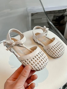 1 Pair Girl's Simple Minimalist Flat Sandals With PU Upper, Lining, Insole, Round Toe, Non-Slip Sole, Open Toe, Suitable For Summer - Beige - View 4