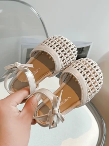 1 Pair Girl's Simple Minimalist Flat Sandals With PU Upper, Lining, Insole, Round Toe, Non-Slip Sole, Open Toe, Suitable For Summer - Beige - View 3