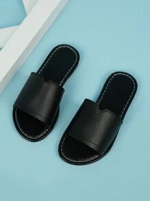 Comfortable Round Toe Flat Slides, Easy Slip-On Flat Slippers, Versatile Casual Sandals - Black - View 3