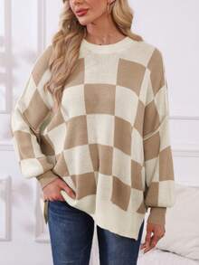 女式大码圆领大码落肩长袖宽松针织毛衣上衣，秋冬 - 卡其色 - 查看 3