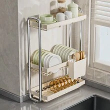 Stainless Steel Bowl & Plate Storage Rack, Kitchen Narrow Counter Dish Drainer, Multi-Function Cutlery Organizer Box - Grey - View 9