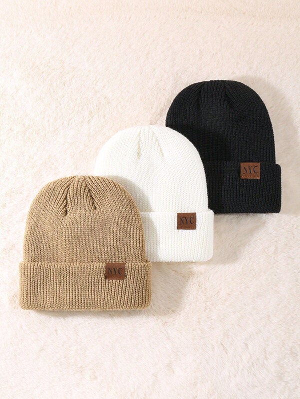 3 Pacotes Gorro de Inverno Unissex Gorro de Caveira com Remendo de Couro NYC, Gorros Tricotados com Punho, Gorros com Borda Enrolada para Homens ao Ar Livre
