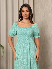 Long Dress With Puffed Sleeves Elastex Print - Mint Blue - View 3