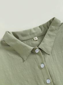 Tops de verano para niños pequeños y bebés, camisas de manga corta con cuello de solapa y botones de color liso - verde oliva - Ver 5