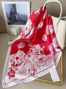 1pc Women Rose Bicolor Fashion Versatile Printed Soft Neck Scarf, Multifunctional Bandana Square Scarf