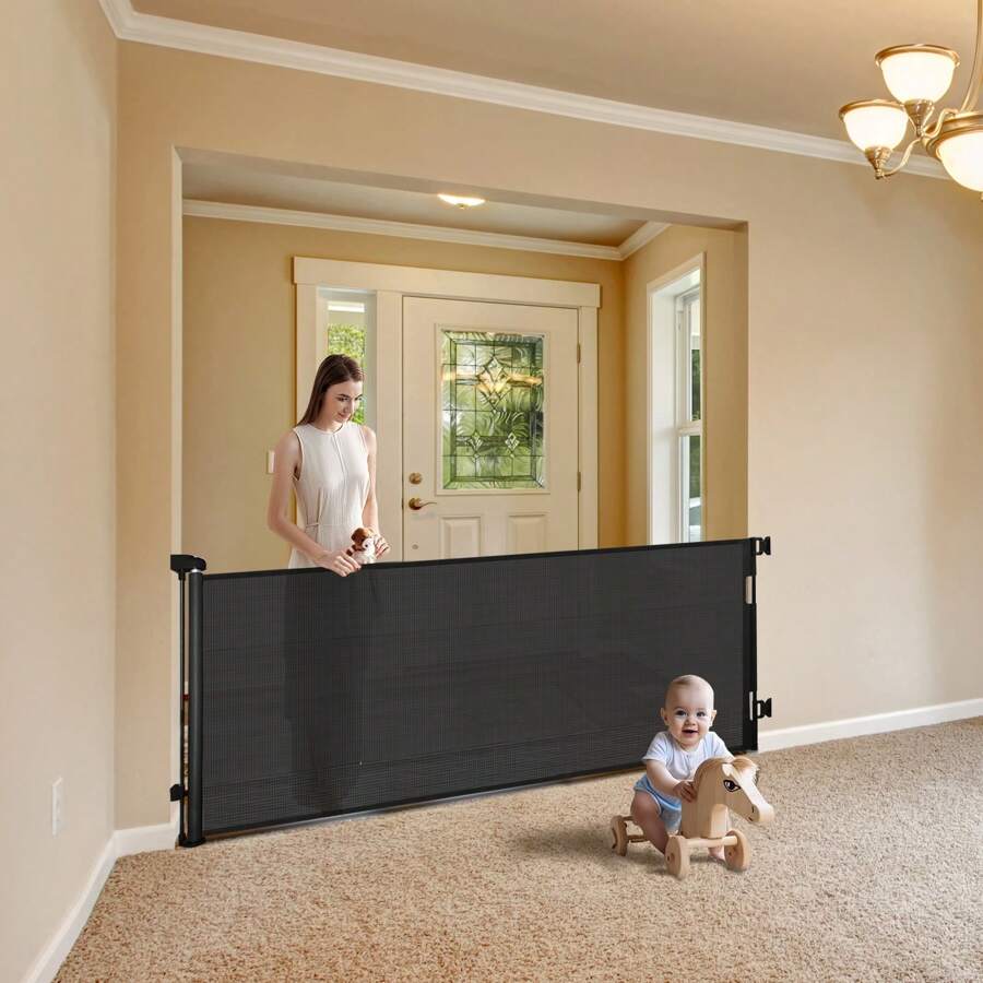 118 Inch Extra Wide Retractable Baby Gate,Mesh Large Baby Gate Or Mesh Pet Dog Gate, Opening Wide Extra Long Child Safety Gate For Indoor Baby Fence, Outdoor, Stairs, Deck - màu đen - Xem 1