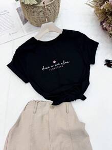 Women's T-Shirt Blouse 100% Cotton Letter - 黑色 - 查看 2