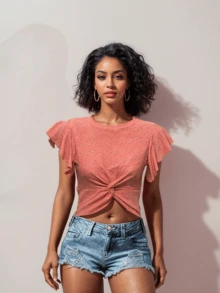 New Women Casual Hollow Out Shirt Ruffle Sleeves Round Neck Criss-Cross Detail High Stretch - 淺粉色 - 查看 1