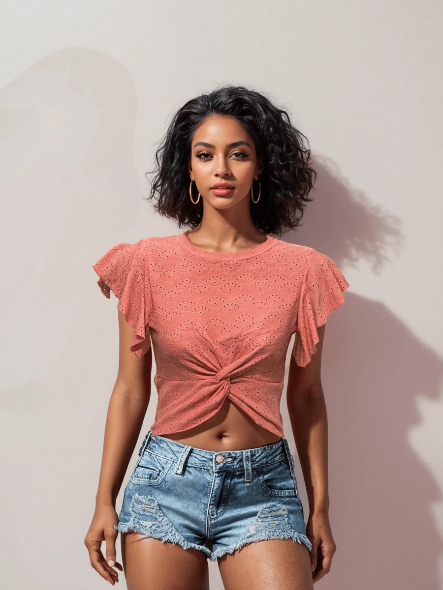 New Women Casual Hollow Out Shirt Ruffle Sleeves Round Neck Criss-Cross Detail High Stretch - 淺粉色 - 查看 1