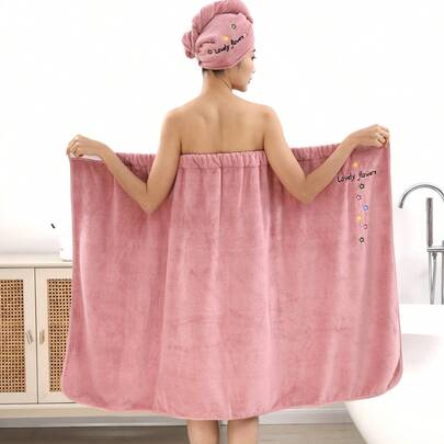 2 件女式字母和花卉刺绣粉色长袍，配有配套浴袍帽，适合居家装夏季婚礼家居浴室装饰返校