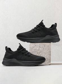 女士简约风格运动路跑鞋舒适步行健身鞋网眼透气运动鞋户外健身鞋系带运动鞋黑色 - 黑色 - 查看 6