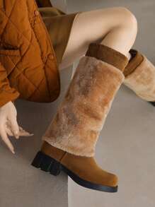 女士厚底蓬松雪地靴，保暖高帮靴，加厚裤腿，防滑及膝雪地靴 - 棕色 - 查看 2