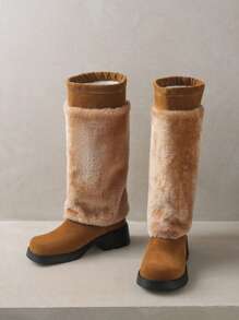 女士厚底蓬松雪地靴，保暖高帮靴，加厚裤腿，防滑及膝雪地靴 - 棕色 - 查看 7