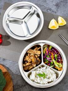 1pc Stainless Steel Multi-Grid Plate, Silver Round Dinner Plate, For Home,Kitchen,Christmas Gift - Silver - View 6