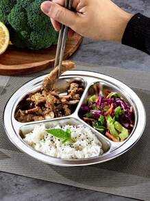 1pc Stainless Steel Multi-Grid Plate, Silver Round Dinner Plate, For Home,Kitchen,Christmas Gift - Silver - View 2