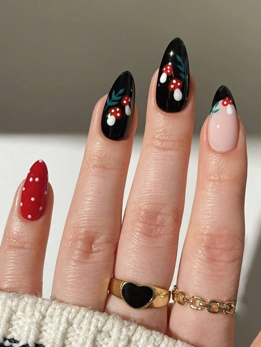 24pcs Long Almond French Nail Stickers Manicure Set, Medium Mushroom Pattern, Acrylic Material, Includes 1pc Jelly Gel And 1pc Nail File. Suitable For Women And Girls For Daily Work, Study And Party Use In Autumn/Winter. Complete Nail Care Kit. Nails Nail Supplies - Multicolor - View 1