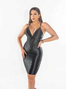 Women's Midi Dress With Neckline In Satin PRD - màu đen - Xem 1