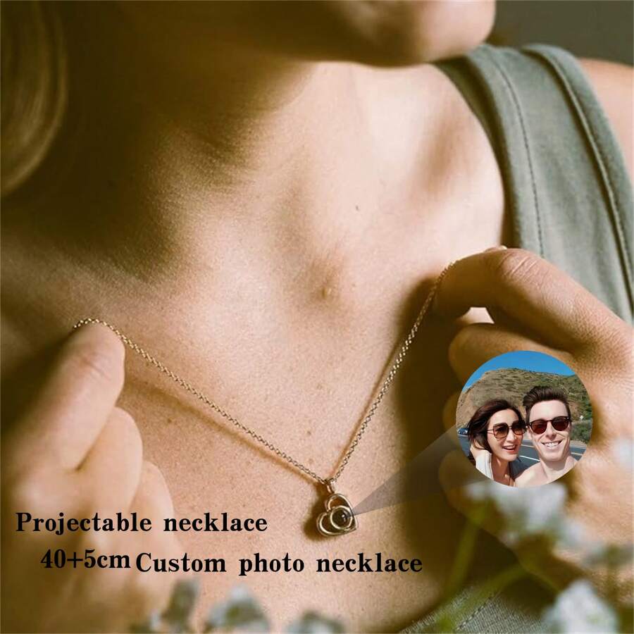 创意个性化图片项链爱心项链我爱你记忆项链，纯银项链适合女士女孩女友情人节母亲节生日时尚珠宝礼物 - 彩色 - 查看 1