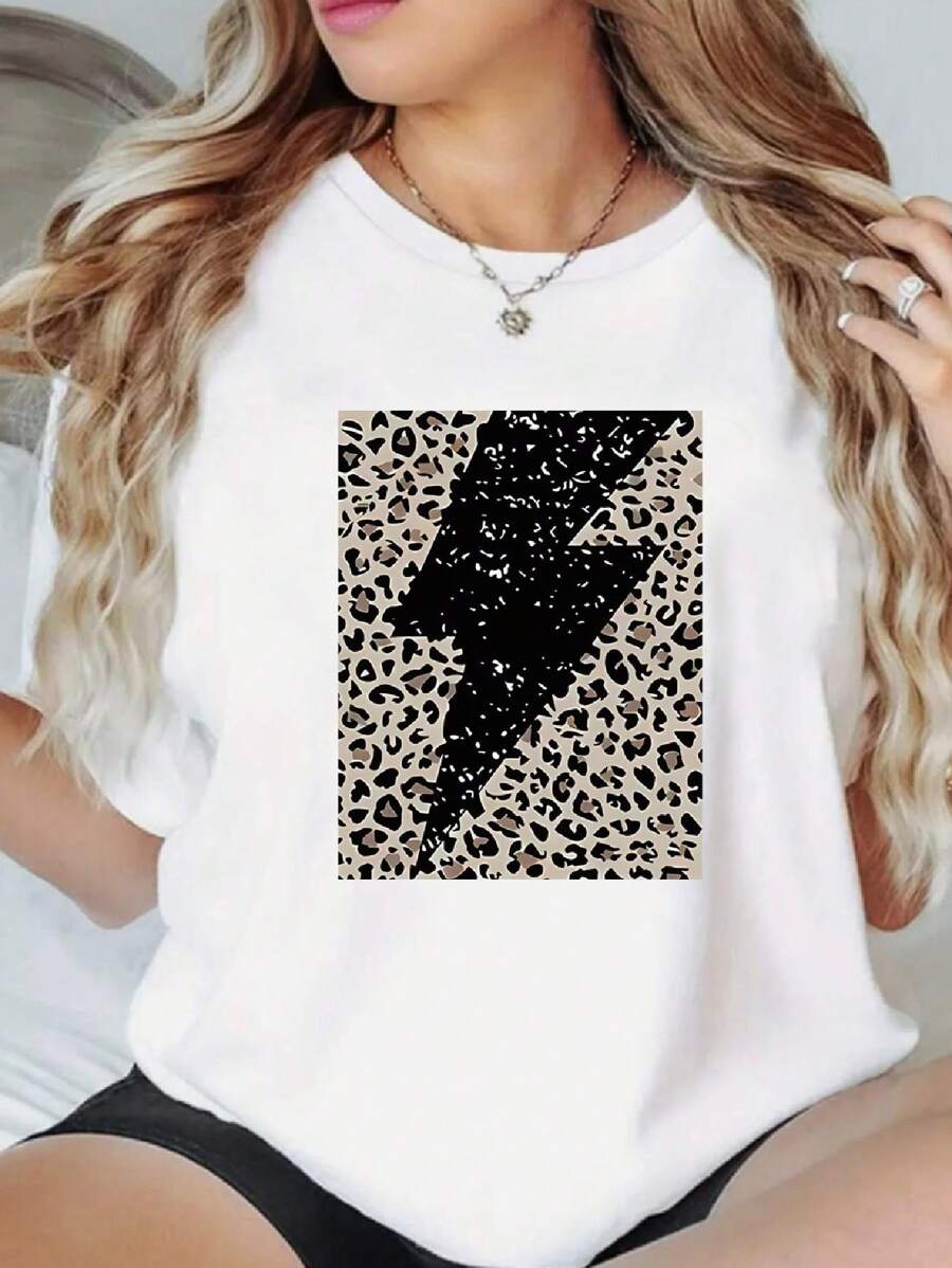 Womens Lightning Print Loose Oversized T-Shirt For Women - Casual Polyester Knit Fabric With Round Neckline, All-Season Comfort, Festive Holiday Top, 1 Piece, 200gsm