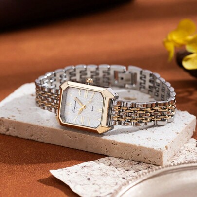 xinyunkou New Arrival Minimalist Square Brick-Face Steel Band Women's Watch, Gold Color Quartz Watch, Retro Luxury Style