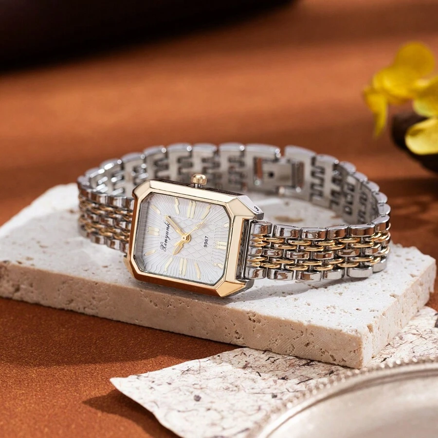 xinyunkou New Arrival Minimalist Square Brick-Face Steel Band Women's Watch, Gold Color Quartz Watch, Retro Luxury Style - Gold - View 1
