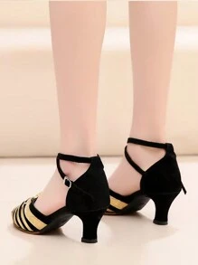 女士拉丁舞鞋，中跟，黑色和金色交谊舞鞋，软底，防滑鞋底，适合青少年和成人 - 金色 - 查看 4