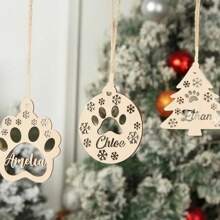 1 PC Personalized Wooden Pet Paw Print Ornament With Custom Name, Vintage Style Dog Paw Shaped Christmas Tree Decoration, Customizable Alphabet Tag For Pet Gifts, Holiday Party Decor
