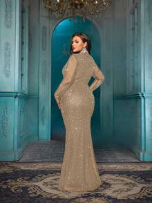 QOQ 优雅大码女式热钻正式礼服，奢华水钻晚礼服，适合晚宴、鸡尾酒会、盛大晚会，纯色长袖连衣裙