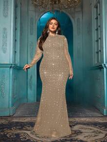 QOQ 优雅大码女式热钻正式礼服，奢华水钻晚礼服，适合晚宴、鸡尾酒会、盛大晚会，纯色长袖连衣裙