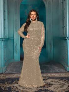 QOQ 优雅大码女式热钻正式礼服，奢华水钻晚礼服，适合晚宴、鸡尾酒会、盛大晚会，纯色长袖连衣裙