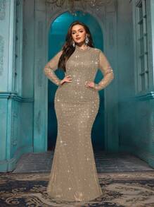 QOQ 优雅大码女式热钻正式礼服，奢华水钻晚礼服，适合晚宴、鸡尾酒会、盛大晚会，纯色长袖连衣裙