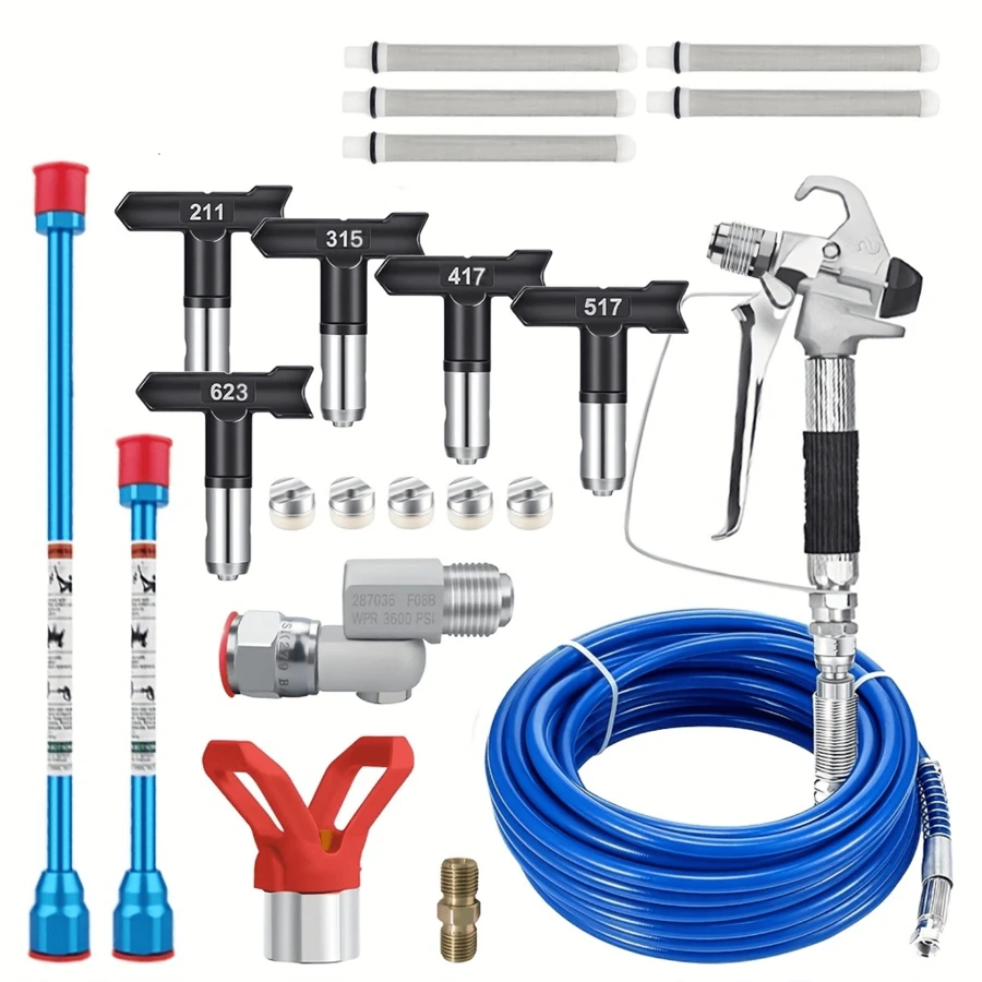 17 Piece Airless Paint Sprayer Gun Kit With Hose, Metal & Plastic, Reversible Nozzles, Extensions, Tip Guard & Filters - Multicolor - View 1