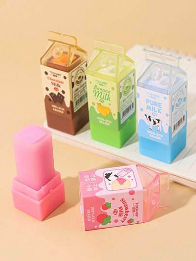 TOCHAIN 1pc/2pcs/4pcs Random Colors Milk Shaped Erasers, Creative Stationery Cute Design Clean Rubbers Funny Office Supplies Compact Milk Erasers, Perfect Gifts For Students, Office Supplies, Graduation, Back To School, Birthdays, New Year