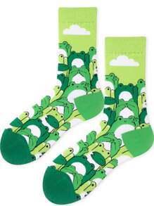 1 双女士绿色青蛙图案袜子，可爱学生休闲装，适合日常穿着，秋季 - 綠色 - 查看 2