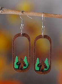 复古大脚大脚镂空吊坠几何木质矩形双面耳环，送给女士的礼物 - 彩色 - 查看 1