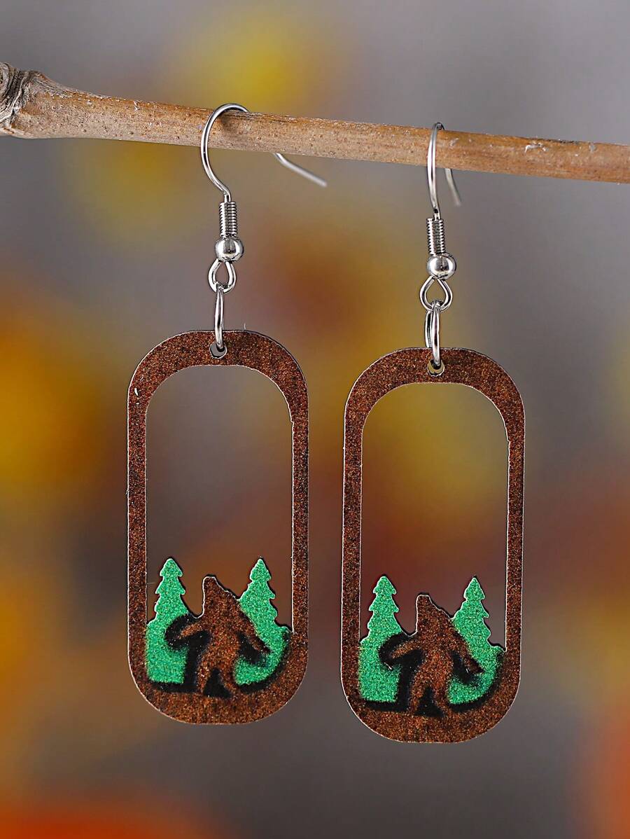 复古大脚大脚镂空吊坠几何木质矩形双面耳环，送给女士的礼物 - 彩色 - 查看 1