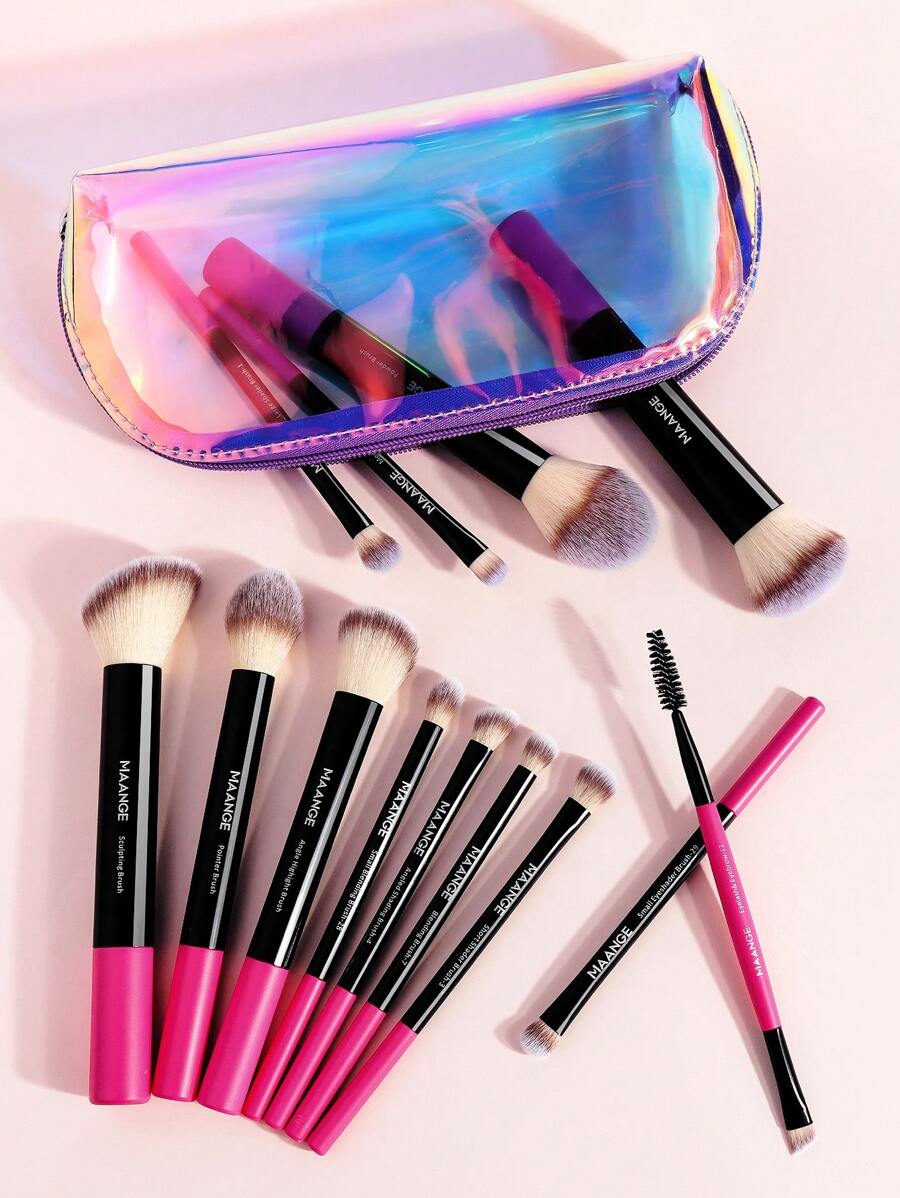 MAANGE 13pcs Professional Soft Long Tube Makeup Brush Set With Colorful Cosmetic Bag,Soft Foundation Brush, Eyeshadow Brush, Eyebrow Brush, Blending Brush,Highlight Brush,Concealer Brush,Makeup Brush For Powder Liquid Cream,For Daily Use And Travel,Makeup Accessories Gifts For Friends - 彩色 - 查看 1
