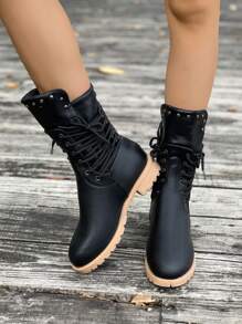 New Autumn/Winter Boots, Fashion Personalized Rivet Round Toe Low Heel Ankle Boots - Black - View 1