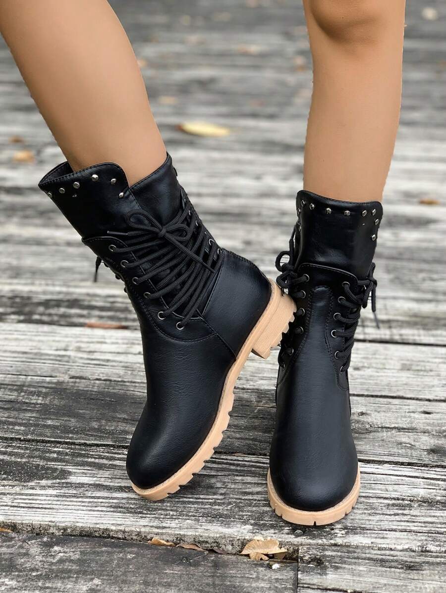 New Autumn/Winter Boots, Fashion Personalized Rivet Round Toe Low Heel Ankle Boots - Black - View 1