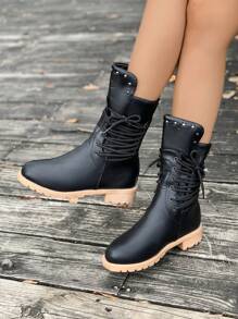 New Autumn/Winter Boots, Fashion Personalized Rivet Round Toe Low Heel Ankle Boots - Black - View 2