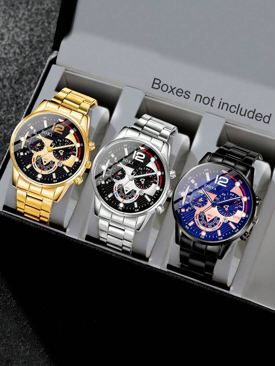SOKI SOKI 国庆节 3 件男士手表豪华休闲时尚生锈钢表带数字表盘石英表适合日常佩戴、感恩节、万圣节、圣诞节、生日派对、斋月，也是完美的礼物，无盒 - 金色 - 查看 1