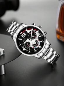 SOKI SOKI 国庆节 3 件男士手表豪华休闲时尚生锈钢表带数字表盘石英表适合日常佩戴、感恩节、万圣节、圣诞节、生日派对、斋月，也是完美的礼物，无盒 - 金色 - 查看 5