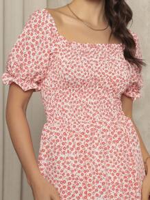 Long Dress With Puffed Sleeves Elastex Print - Pink - View 4