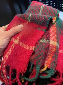 1 件经典红绿格子流苏围巾，女士双面冬季保暖披肩圣诞节 - 紅色 - 查看 4