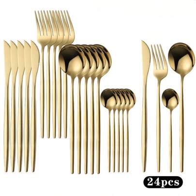 Gold/Black, Stainless Steel Knife, Fork And Spoon 24-Piece Cutlery Set, Including Fork Spoon Knife And Coffee Spoon, Dinner Fork*6, Dinner Knife*6, Dinner Spoon*6, Teaspoon*6, Reusable Cutlery Set, Kitchen Cutlery Set For Restaurants, Hotels, Going Out Parties, Holiday Casual Or Formal Occasions