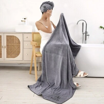 女士珊瑚绒柔软吸水超大浴巾（35.4英寸 x 70.9英寸）/浴帽（9.8英寸 x 25.6英寸）