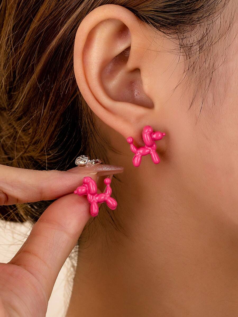 1 par de pendientes tipo perrito 3D de diseño de dibujos animados, de diseño de moda adecuado para uso diario por mujeres - Rosa - Ver 1