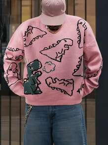 男士恐龙印花宽松休闲圆领长袖毛衣