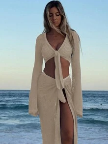 女式度假短款上衣搭配系带和迷你裙套装夏季